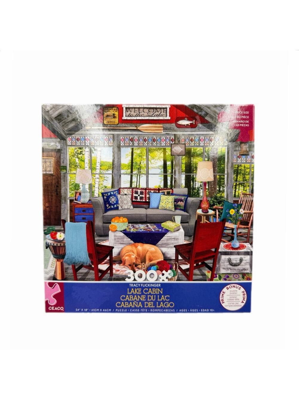 Ceaco Lake Cabin Dog 300 Oversized Piece Jigsaw Puzzle *COMPLETE*
